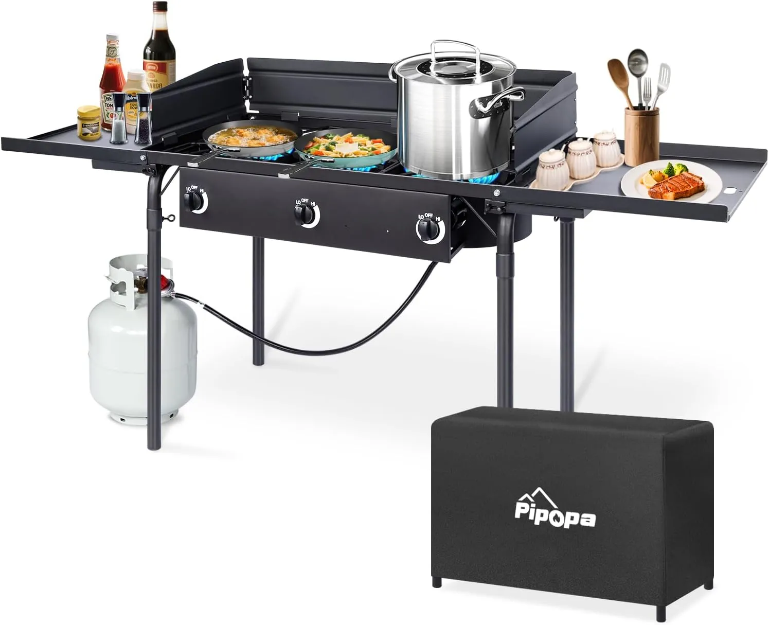 3 Burner Propane Camp Stove | 225,000 BTU Gas Burners | Side Shelves | Windscreen | Waterproof Cover | Detachable Legs | Ideal for Camping Backyard Outdoor Cooking