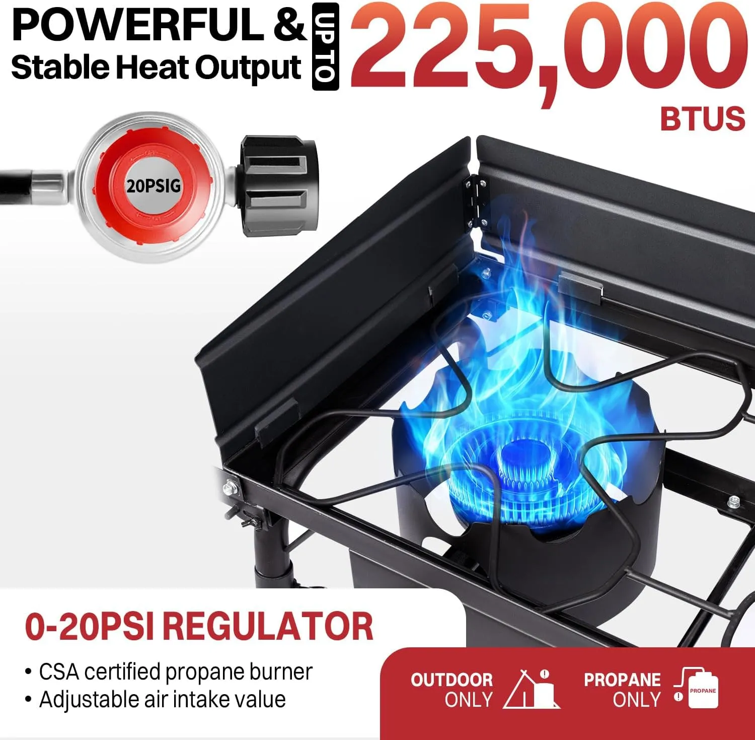 3 Burner Propane Camp Stove | 225,000 BTU Gas Burners | Side Shelves | Windscreen | Waterproof Cover | Detachable Legs | Ideal for Camping Backyard Outdoor Cooking
