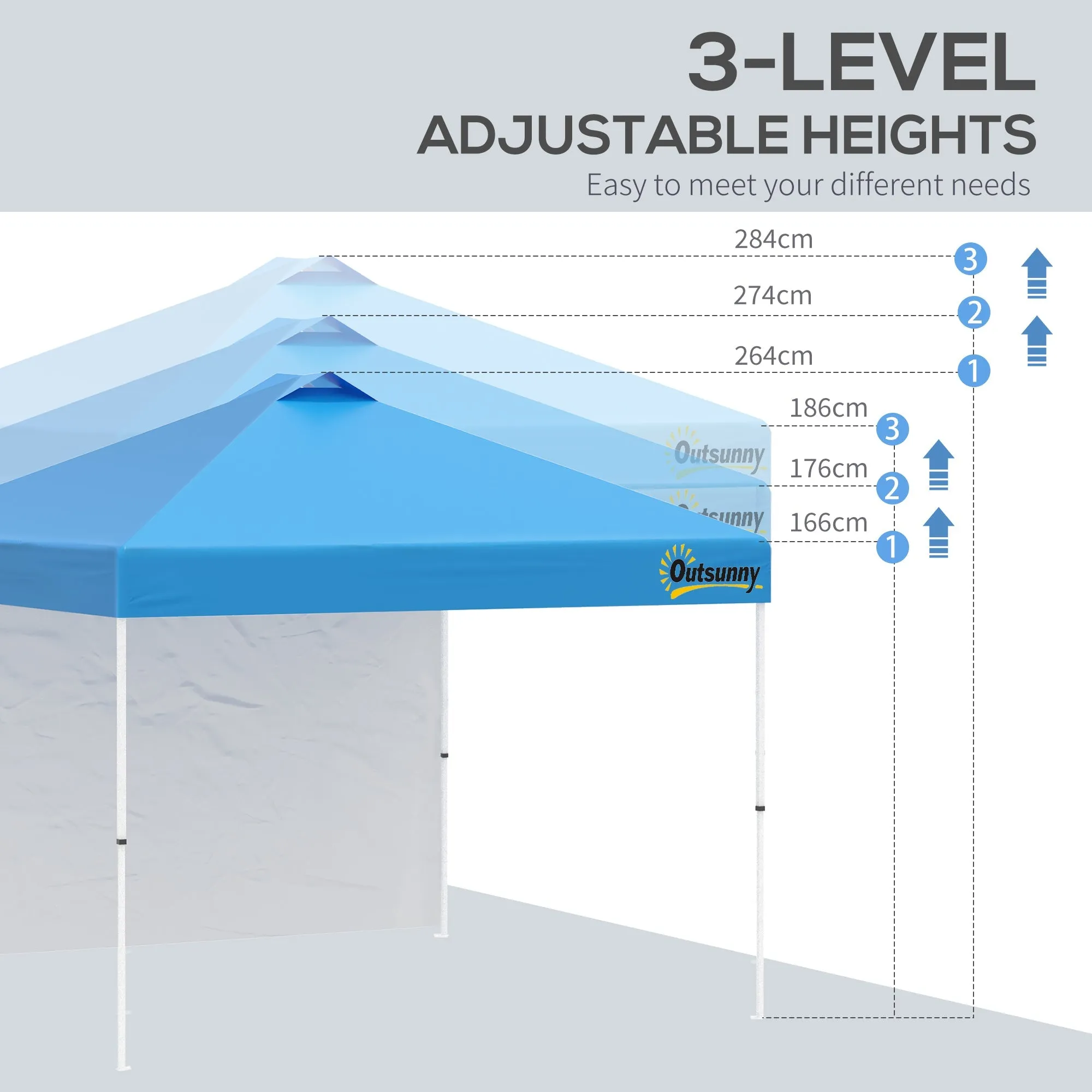 3x(3)M Pop Up Gazebo Tent with 1 Sidewall Roller Bag Adjustable Height Event Shelter Tent for Garden Patio Blue