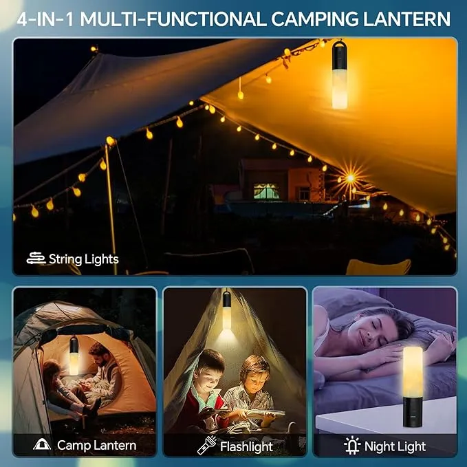 4-in-1 LED Camping Lantern Rechargeable 33Ft String Camping Lights Flashlight with 4000mAh Power Bank Portable Tent Lights