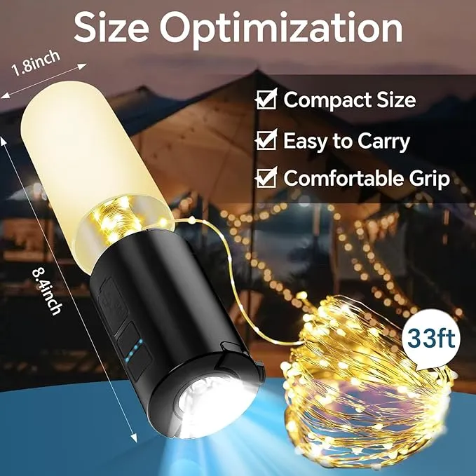 4-in-1 LED Camping Lantern Rechargeable 33Ft String Camping Lights Flashlight with 4000mAh Power Bank Portable Tent Lights