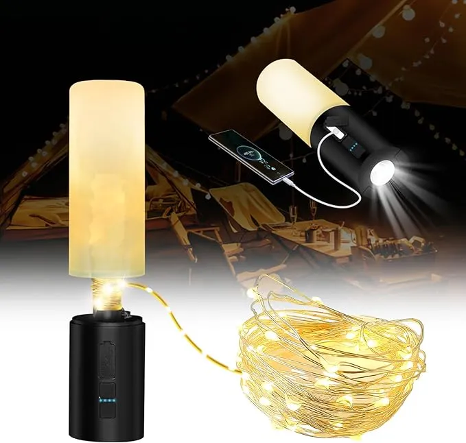 4-in-1 LED Camping Lantern Rechargeable 33Ft String Camping Lights Flashlight with 4000mAh Power Bank Portable Tent Lights