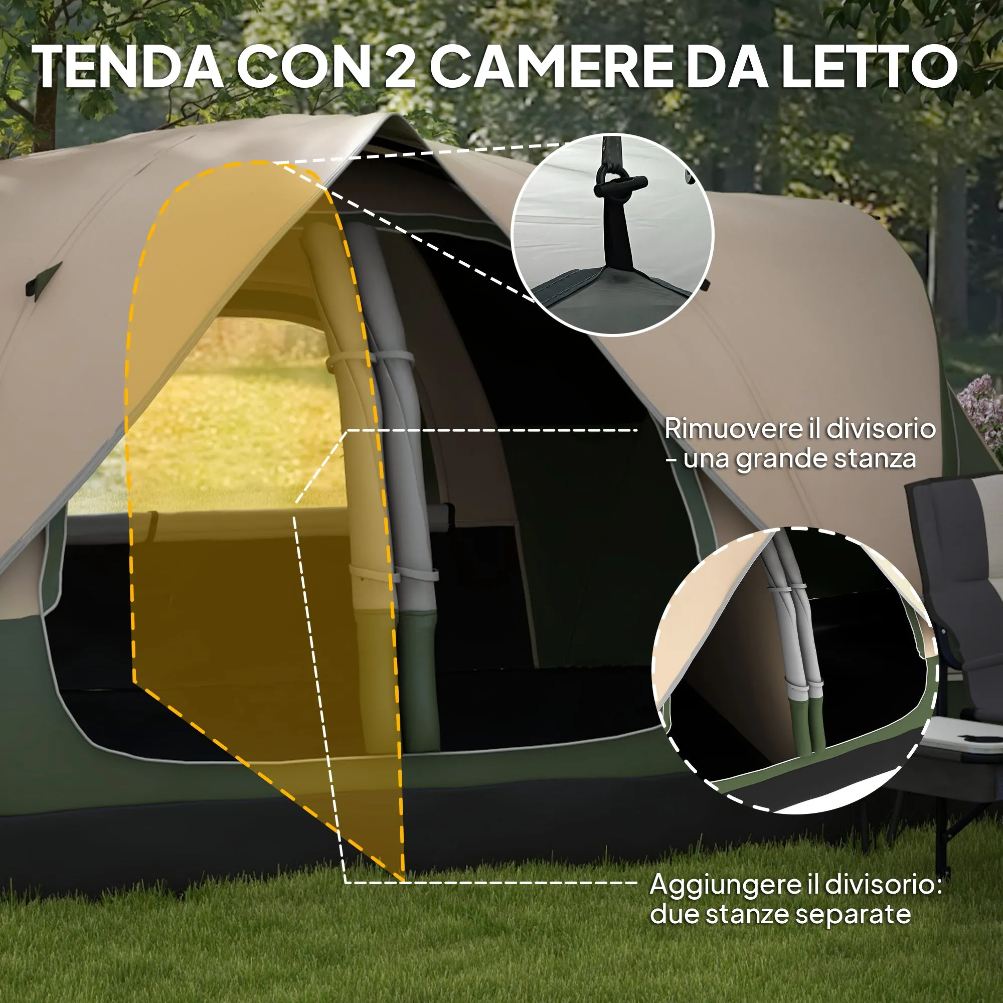 6-Person Camping Tent with 2 Separate Rooms, Polyester and Fiberglass, 450x215x180 cm, Dark Green