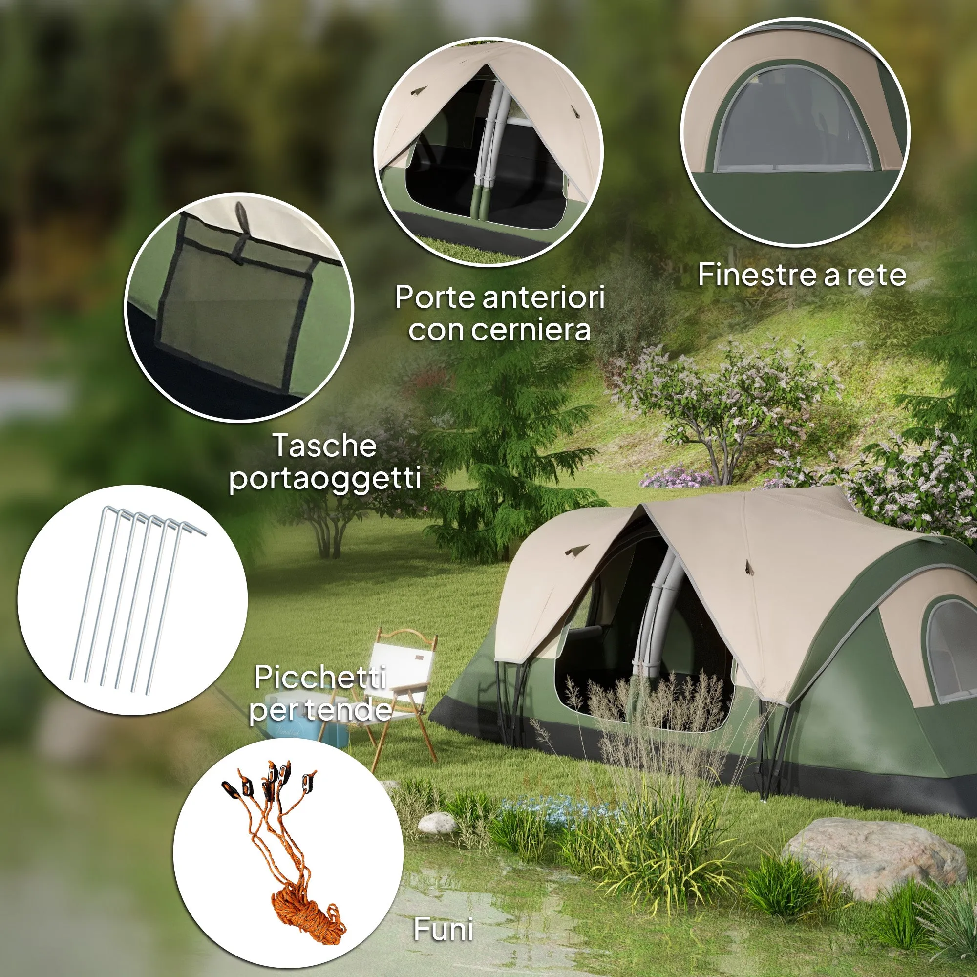 6-Person Camping Tent with 2 Separate Rooms, Polyester and Fiberglass, 450x215x180 cm, Dark Green