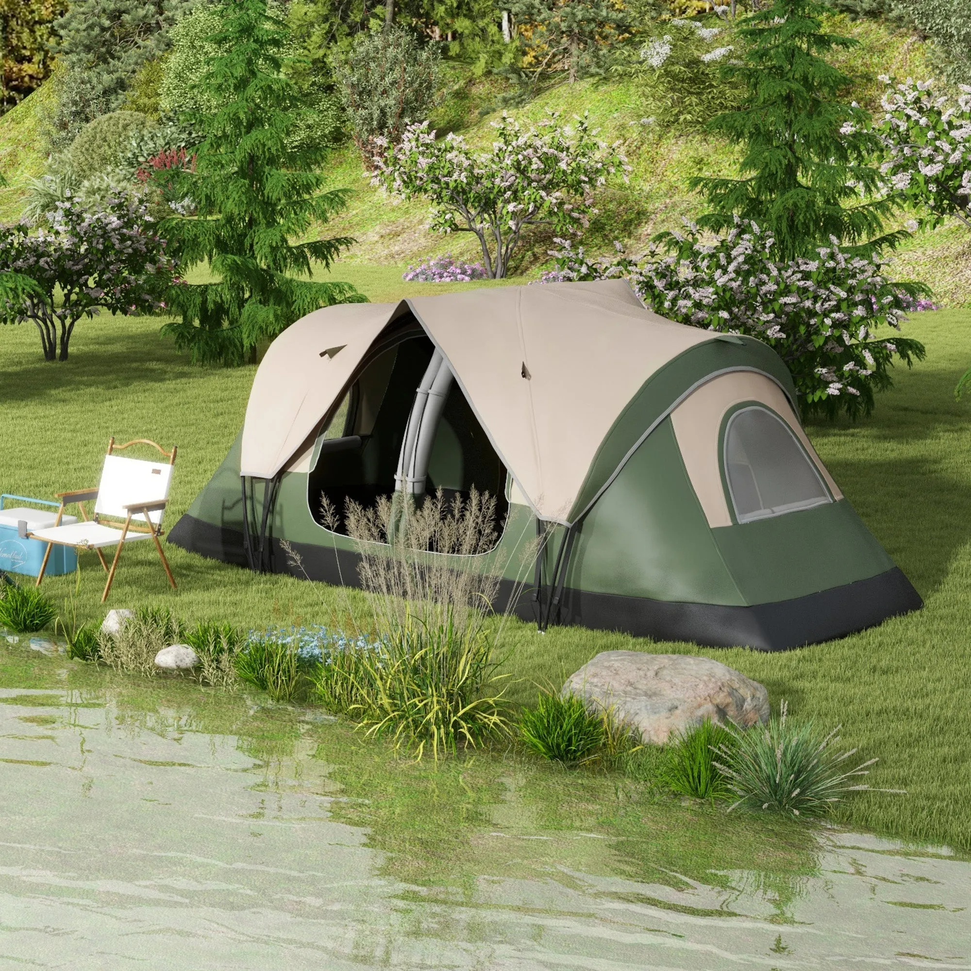 6-Person Camping Tent with 2 Separate Rooms, Polyester and Fiberglass, 450x215x180 cm, Dark Green