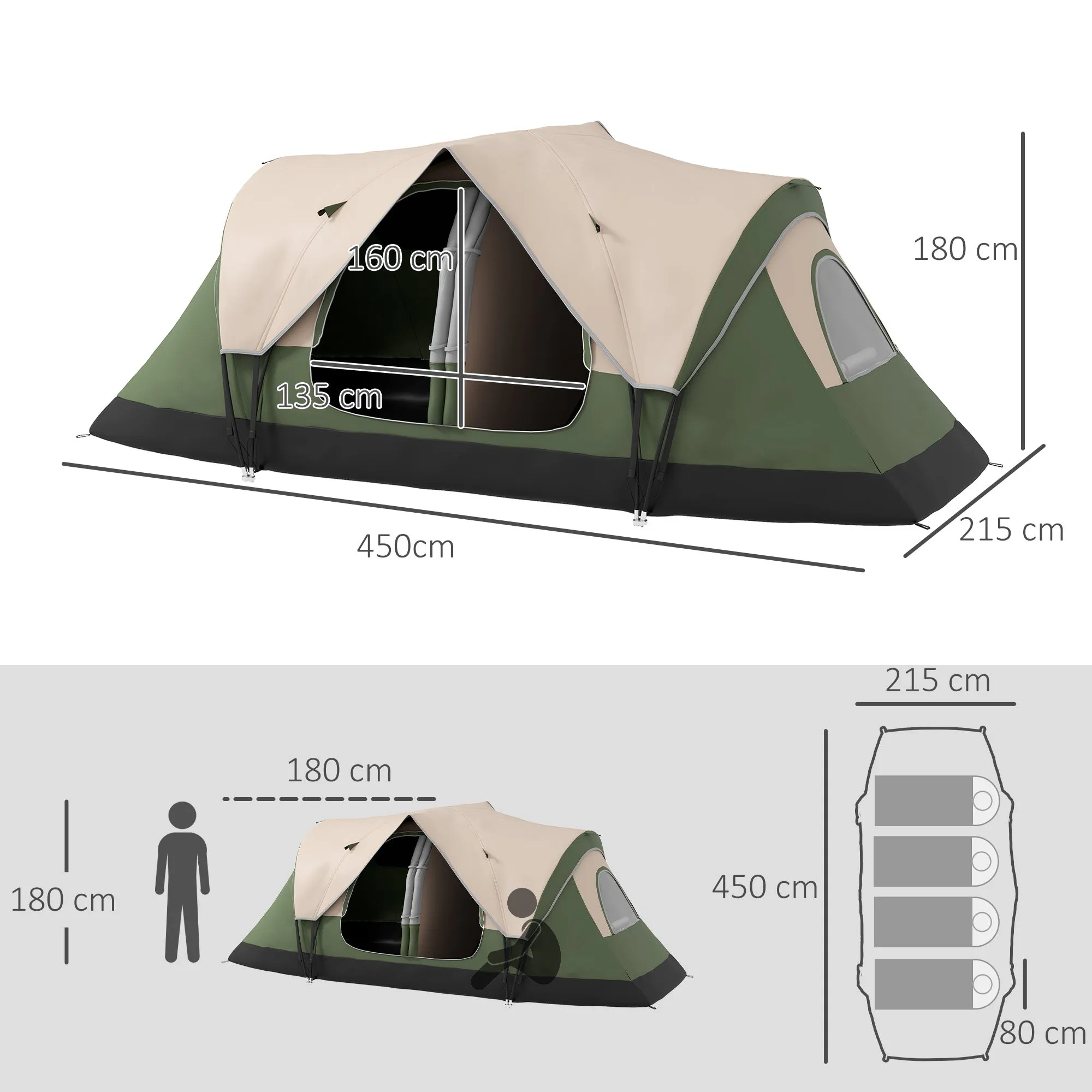 6-Person Camping Tent with 2 Separate Rooms, Polyester and Fiberglass, 450x215x180 cm, Dark Green