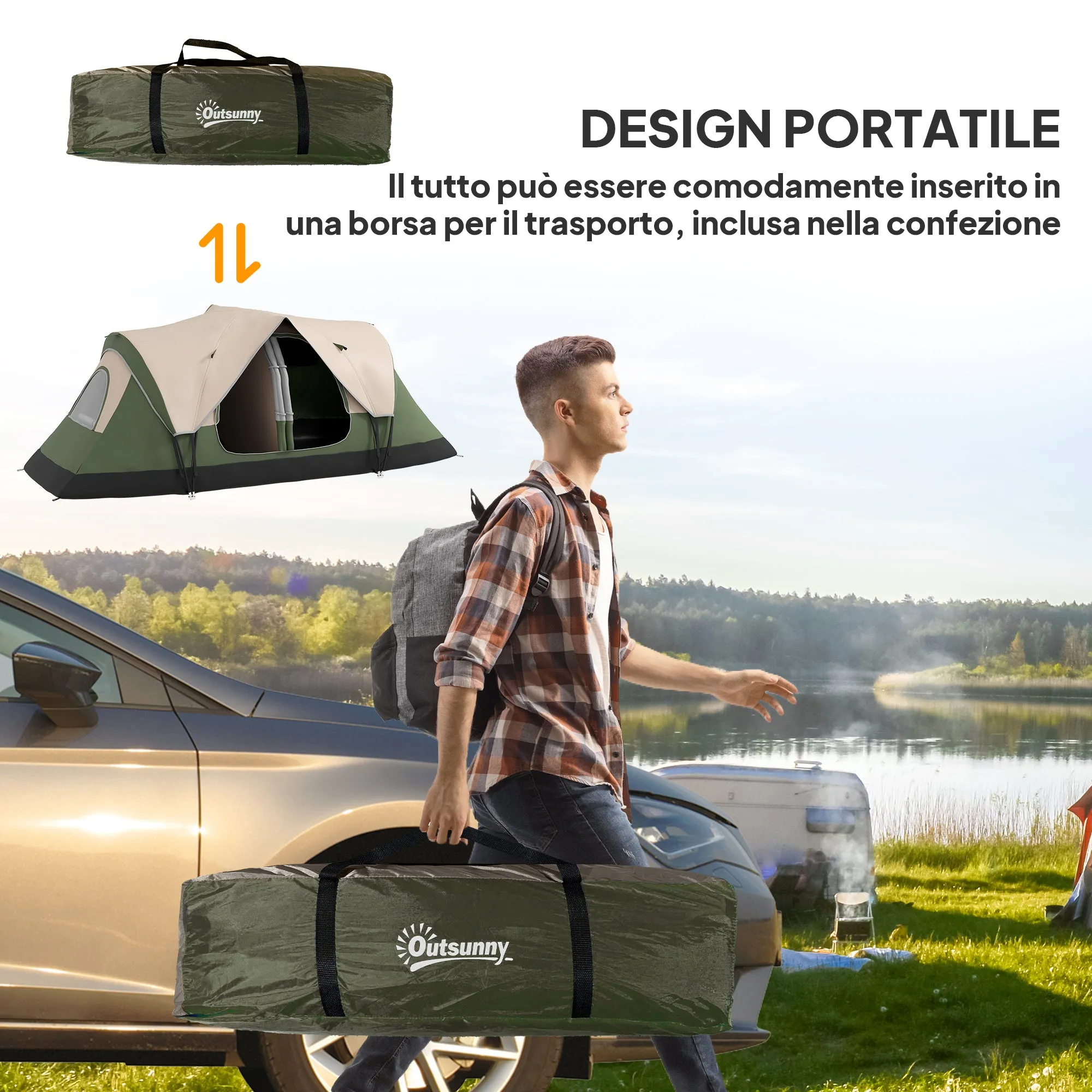 6-Person Camping Tent with 2 Separate Rooms, Polyester and Fiberglass, 450x215x180 cm, Dark Green