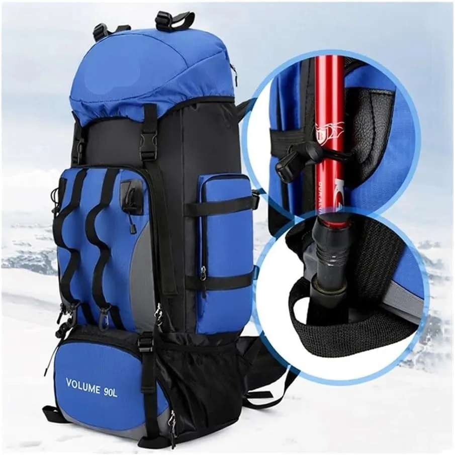 90L Waterproof Hiking Camping Backpack Trekking Bag Rucksack Large Capacity Travel Outdoor Sports Bags Camping Equipment Men(Blue ad cover)