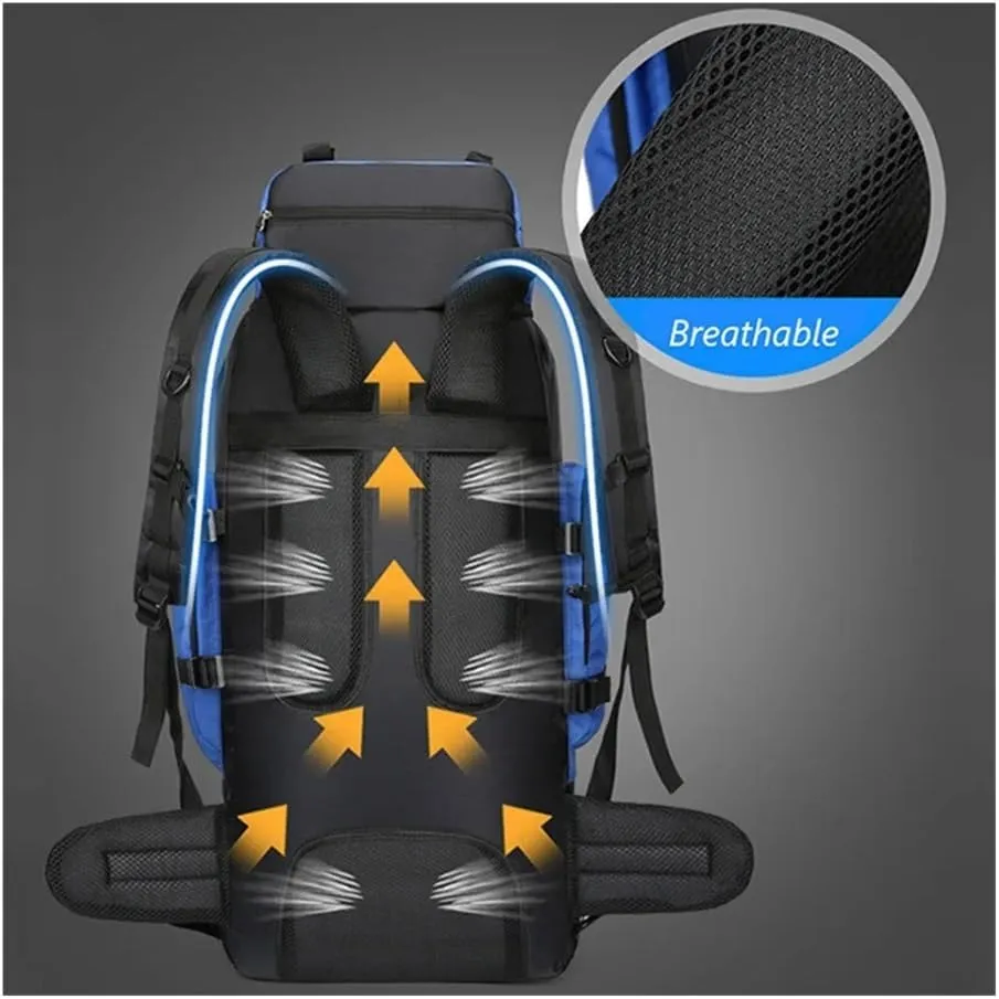 90L Waterproof Hiking Camping Backpack Trekking Bag Rucksack Large Capacity Travel Outdoor Sports Bags Camping Equipment Men(Blue ad cover)