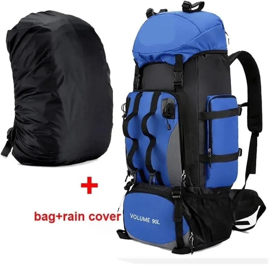 90L Waterproof Hiking Camping Backpack Trekking Bag Rucksack Large Capacity Travel Outdoor Sports Bags Camping Equipment Men(Blue ad cover)