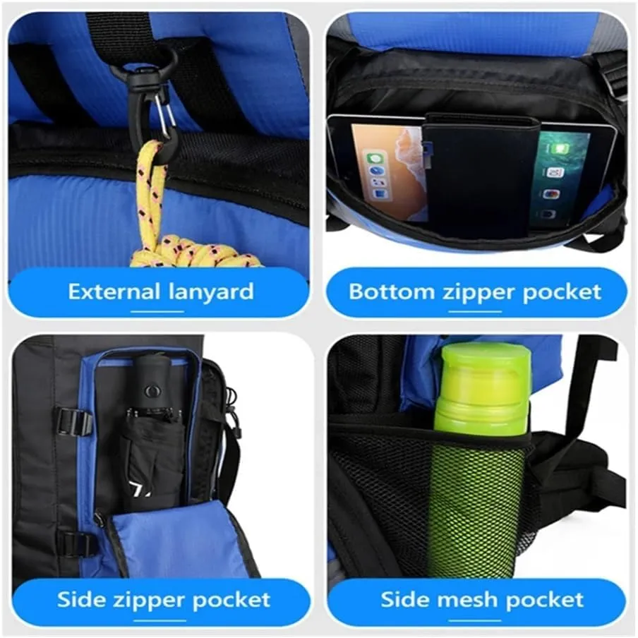 90L Waterproof Hiking Camping Backpack Trekking Bag Rucksack Large Capacity Travel Outdoor Sports Bags Camping Equipment Men(Blue ad cover)
