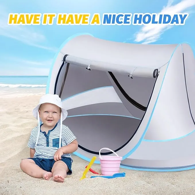 Baby Beach Tent with Baby Hat, Pop Up Toddler Travel Tent with Sun Hat for Boys or Girls, Infant Portable Sun Shade, Sun Shade for Toddler Camping, Summer Beach Baby (GrayBaby Tent with Hat)