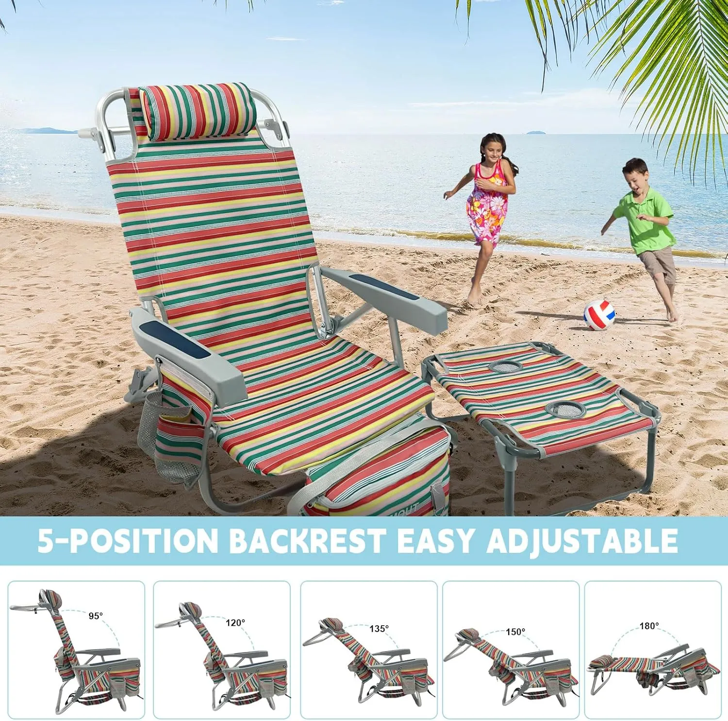 Backpack Beach Chair Aluminum 2 Pack with Folding Camping Table 5-Position Lay Flat Lounge Chair Outdoor for Adults with Insulated Cooler Bag and Cup Holder