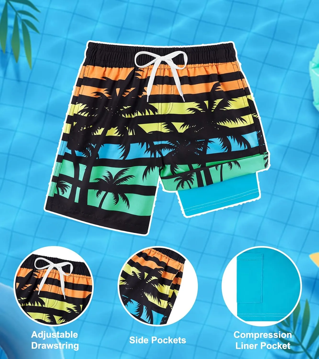 Belovecol Boys Swim Trunks with Compression Liner Anti-Chafe Swim Shorts Quick Dry UPF 50  Bathing Suits Swimwear 7-20T