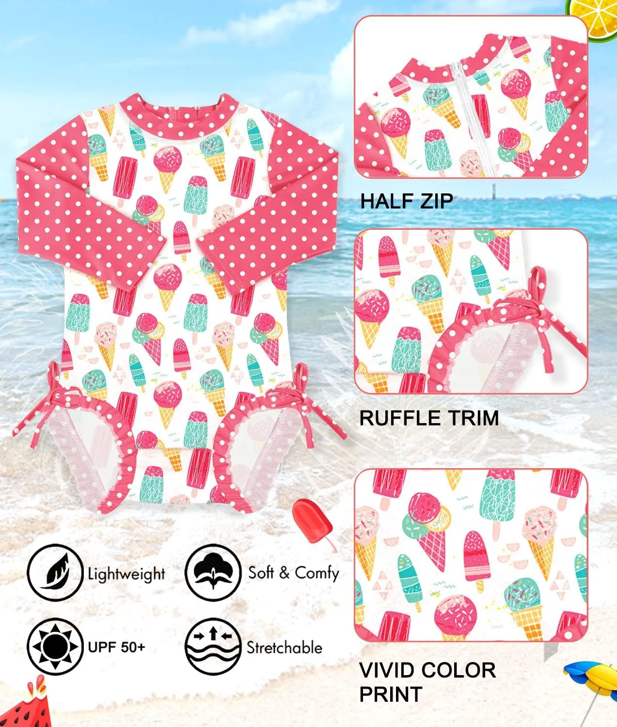 BesserBay Baby Girl's UPF 50  Sun Protection Swimsuit One Piece 3/4 Sleeve Rash Guard 0-36 Months