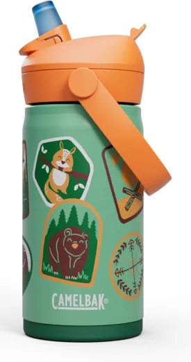 CamelBak Thrive Flip Straw Kids Bite Valve Insulated Stainless Steel Water Bottle Camp Badges, 12oz