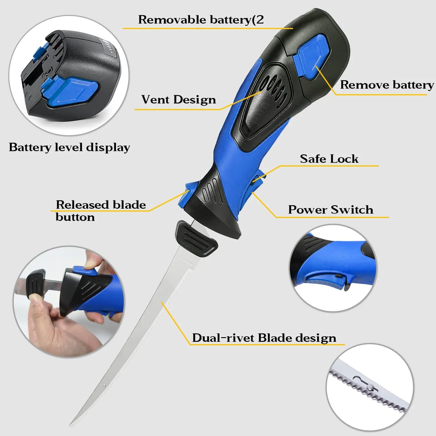 Cordless Electric Fillet Knife - 5 Ti-Nitride Coated Non-Stick Blades, Ergonomic Non-Slip Grip Handle & Cooling Vent Stylish with Carry Bag,Perfect Electric Knife for Cutting Board Effortless Fishing (Blue)