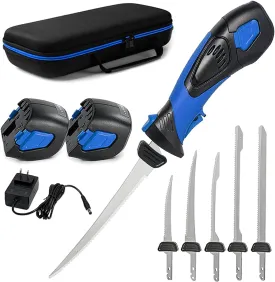 Cordless Electric Fillet Knife - 5 Ti-Nitride Coated Non-Stick Blades, Ergonomic Non-Slip Grip Handle & Cooling Vent Stylish with Carry Bag,Perfect Electric Knife for Cutting Board Effortless Fishing (Blue)