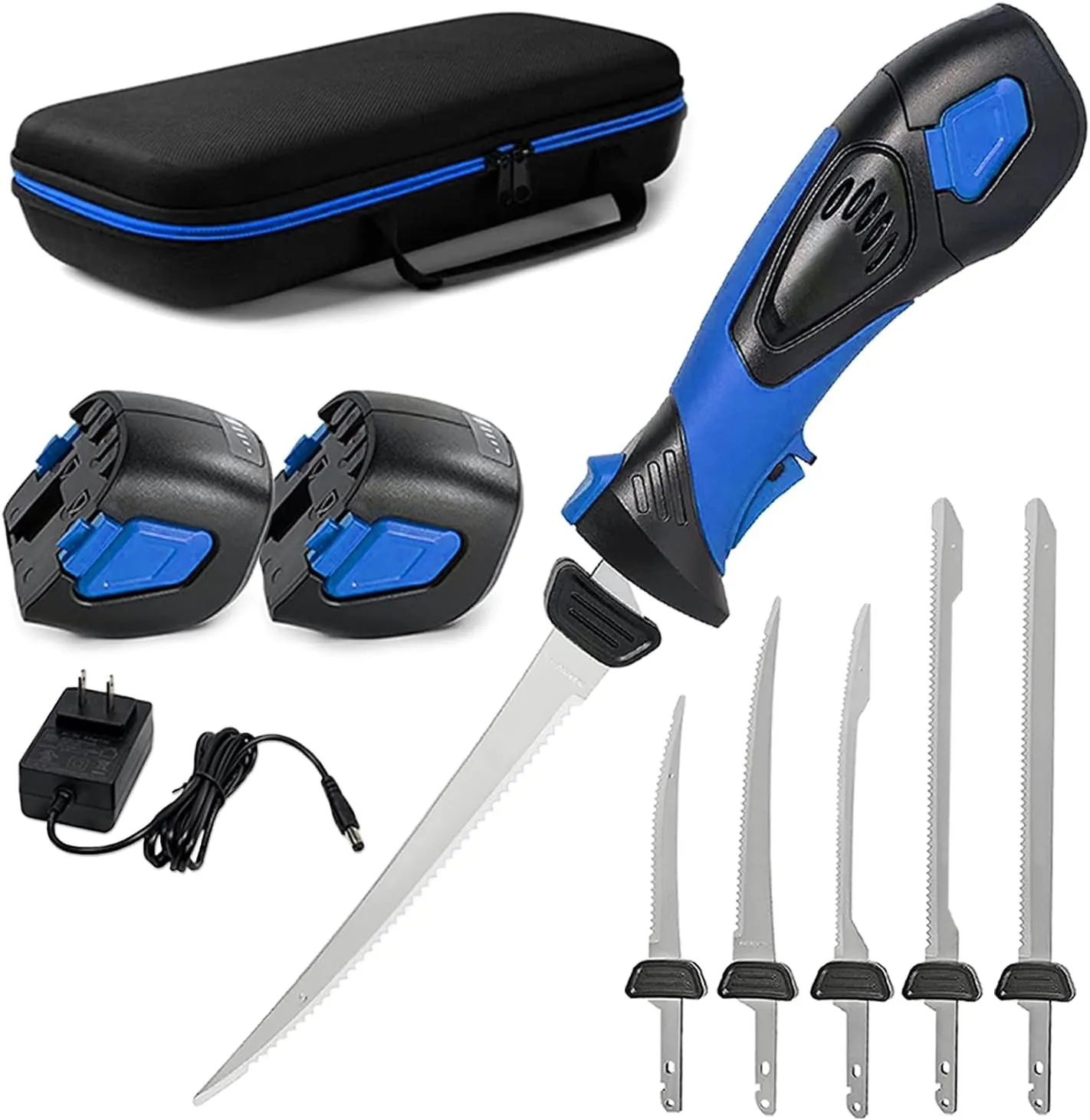 Cordless Electric Fillet Knife - 5 Ti-Nitride Coated Non-Stick Blades, Ergonomic Non-Slip Grip Handle & Cooling Vent Stylish with Carry Bag,Perfect Electric Knife for Cutting Board Effortless Fishing (Blue)