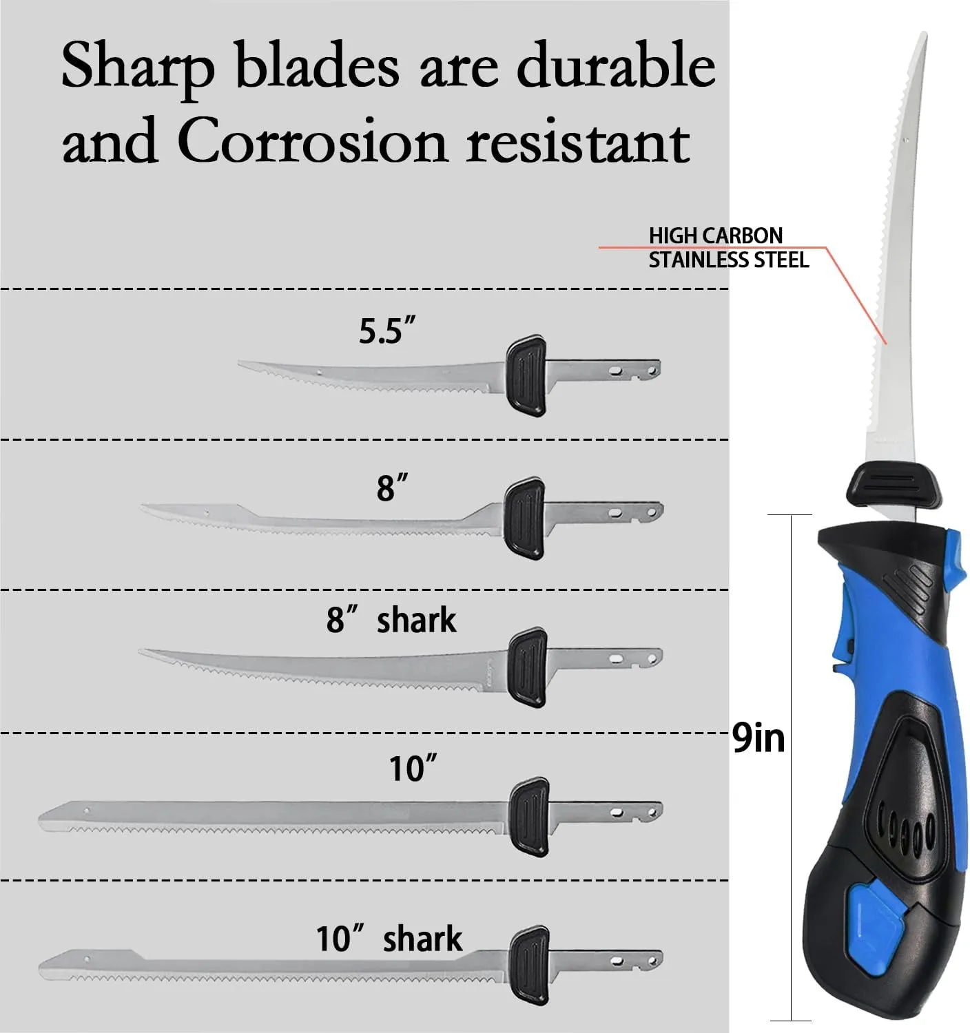 Cordless Electric Fillet Knife - 5 Ti-Nitride Coated Non-Stick Blades, Ergonomic Non-Slip Grip Handle & Cooling Vent Stylish with Carry Bag,Perfect Electric Knife for Cutting Board Effortless Fishing (Blue)