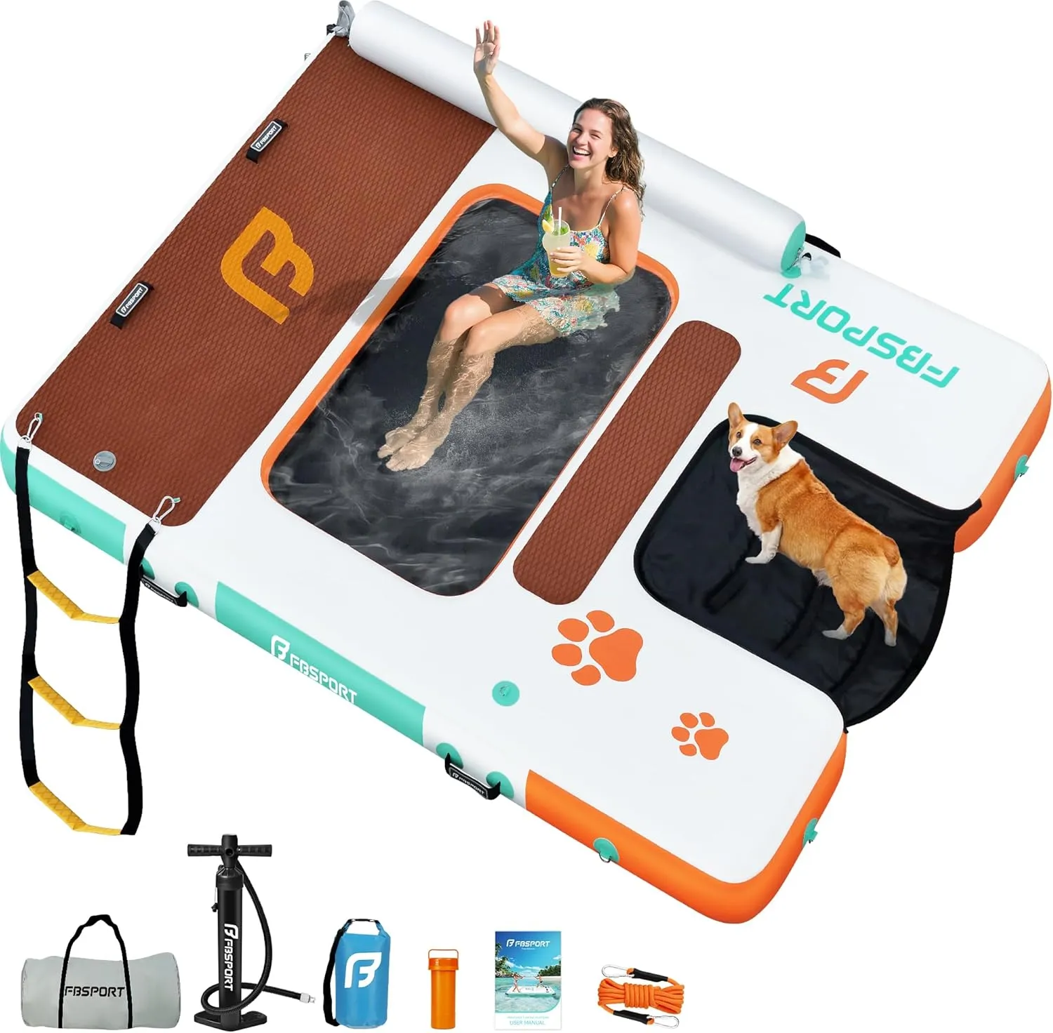 FBSPORT Inflatable Floating Dock 10ft Dog Boat Ramp in One, Floating Dock Rafts Dog Pool Ramp with Water Hammock, Inflatable Island Platform Water Raft with Ladder for Pool Lake Boat