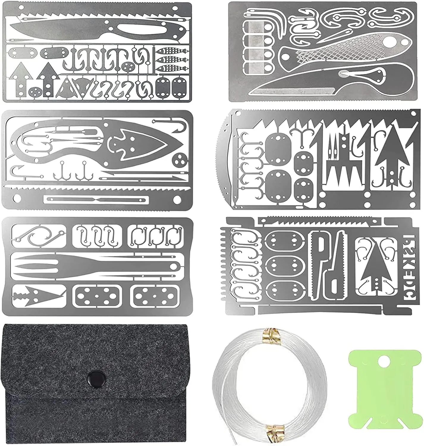 Hukado 9PCS Survival Card Multitool Camping Kit with Fishing Line Gear, Multipurpose Credit Card Wallet Portable Survival Tool with Felt Bag for Outdoor Fishing Hiking Hunting