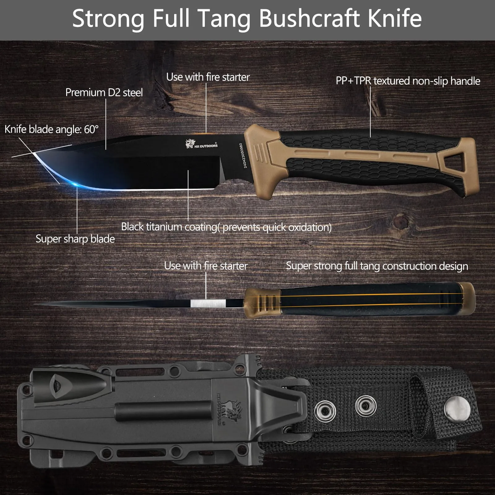 HX OUTDOORS Extra Sharp Bushcraft Knife with Fire Starter, Premium D2 Steel Fixed Blade Survival Camping Knife with Plastic Sheath for Outdoor, Hiking, Backpacking (Brown)