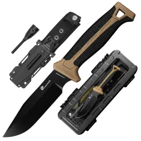HX OUTDOORS Extra Sharp Bushcraft Knife with Fire Starter, Premium D2 Steel Fixed Blade Survival Camping Knife with Plastic Sheath for Outdoor, Hiking, Backpacking (Brown)