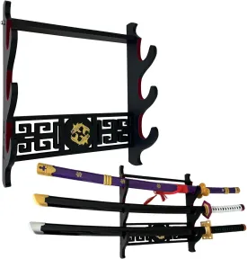 katana Sword Wall Mount Holder 3 Tier Velvet goldfish patterns Padded Samurai Sword Display Rack Wakizashi Sword Stand Zoro Animation Sword Display, Black