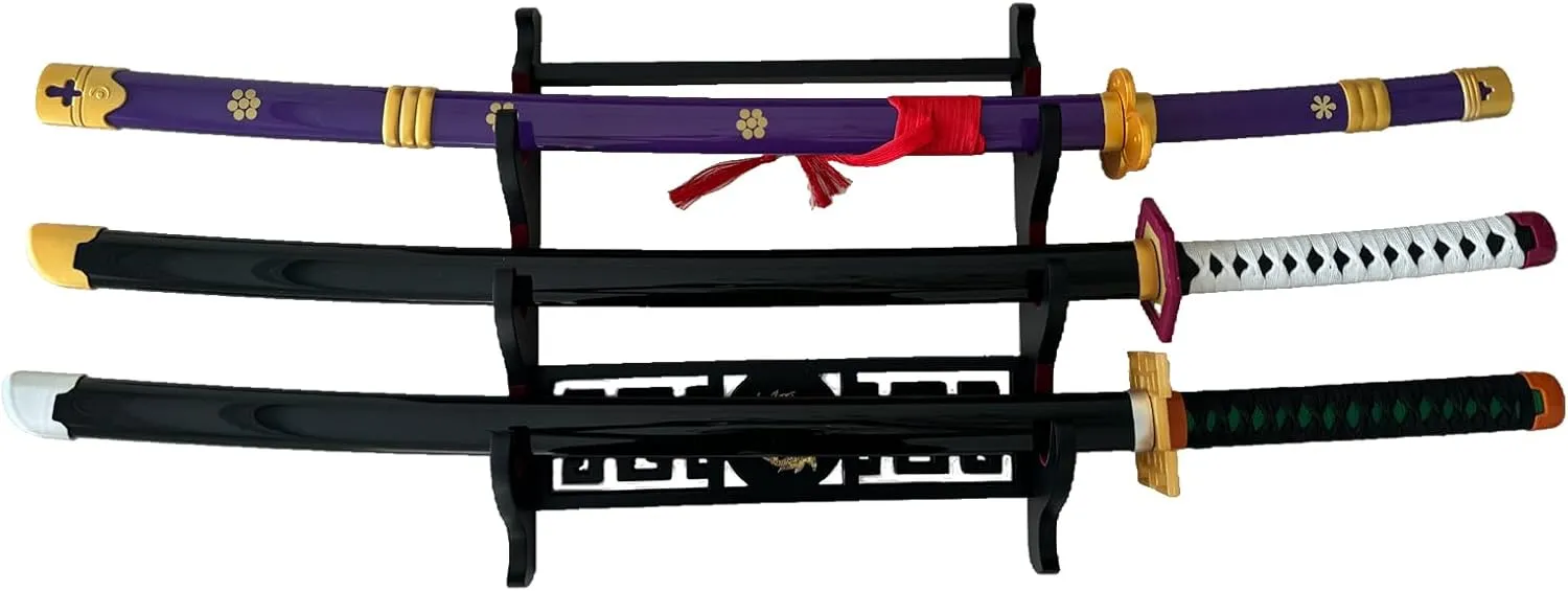 katana Sword Wall Mount Holder 3 Tier Velvet goldfish patterns Padded Samurai Sword Display Rack Wakizashi Sword Stand Zoro Animation Sword Display, Black