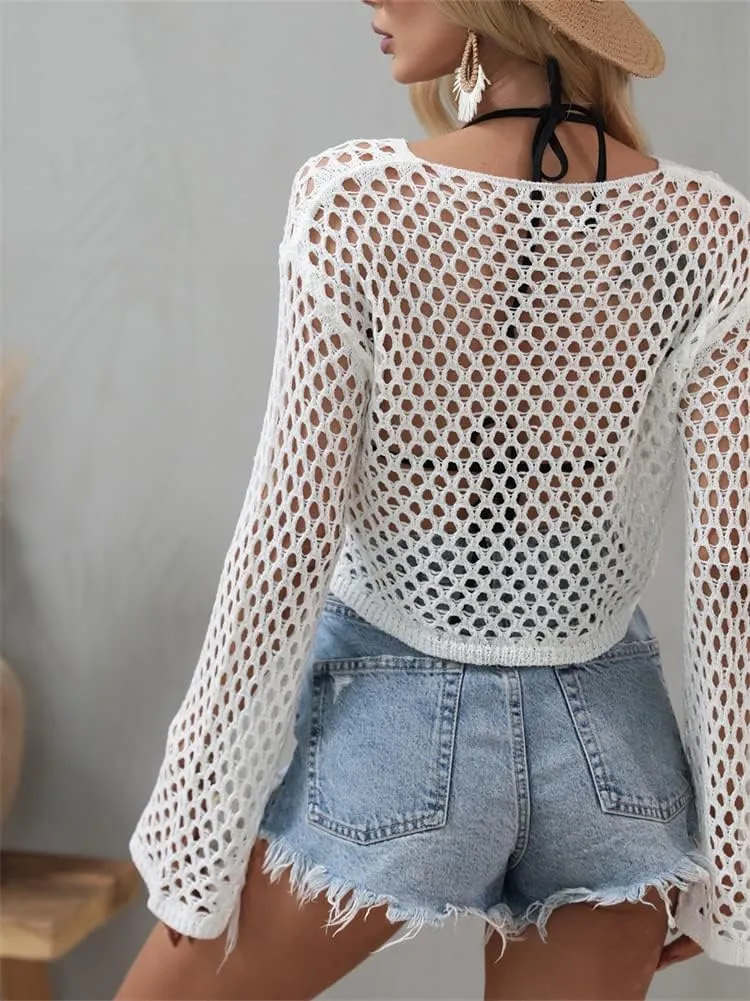 KEOMUD Women Mesh Crochet Crop Top Long Sleeve Hollow Out Knit Sweater Bikini Beach See Through Cover Ups