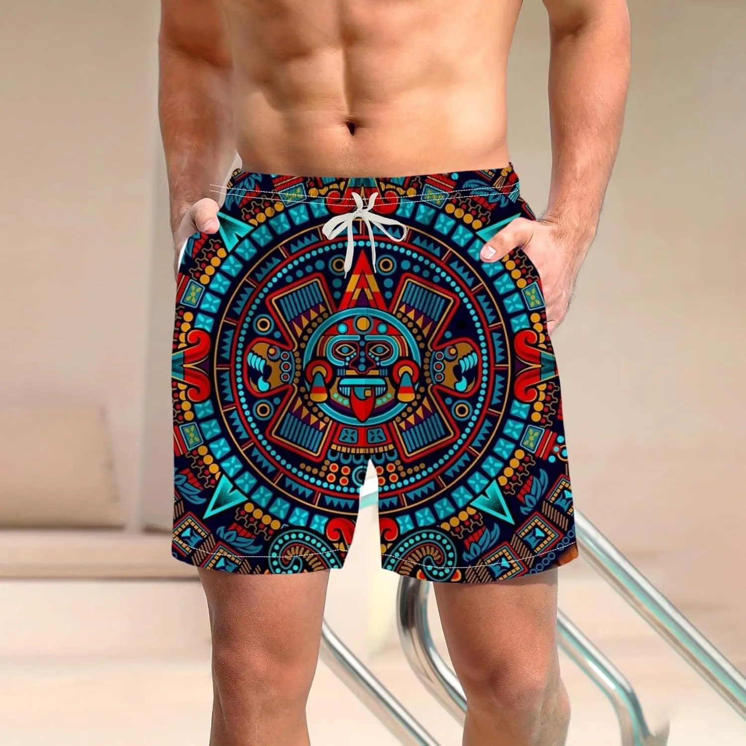 LAOLIUSN Men's Mexico Board Shorts Aztec Graphic Beach Shorts