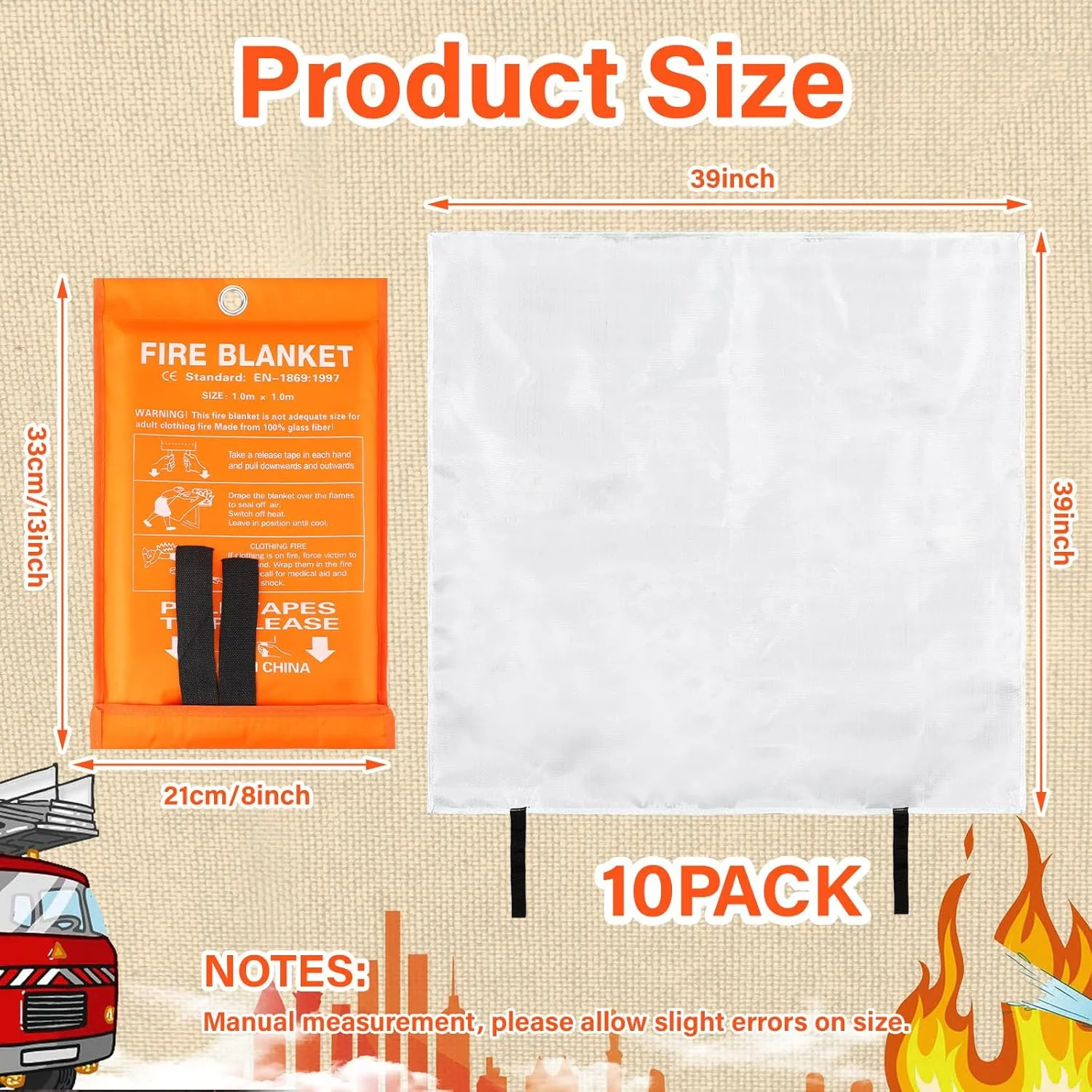Macarrie 10 Pack 39 x 39 Fire Blanket Emergency for Home Kitchen Safety Suppression Blanket Fiberglass Fireproof Survival for Car Office (Orange)
