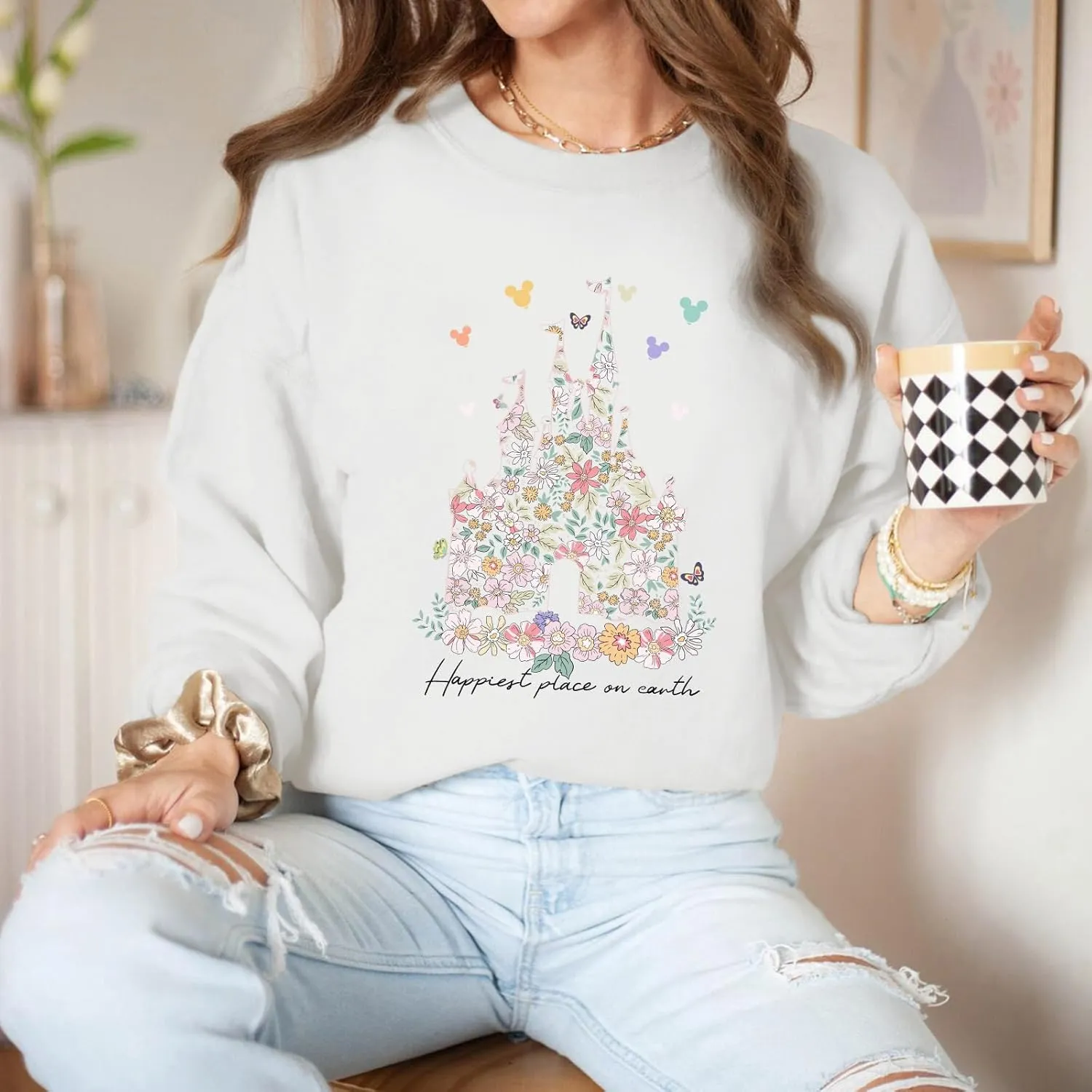 Magic Kingdom Sweatshirts for Women Magical Floral Castle Graphic Long Sleeve Shirt Holiday Vacation Pullover Tops