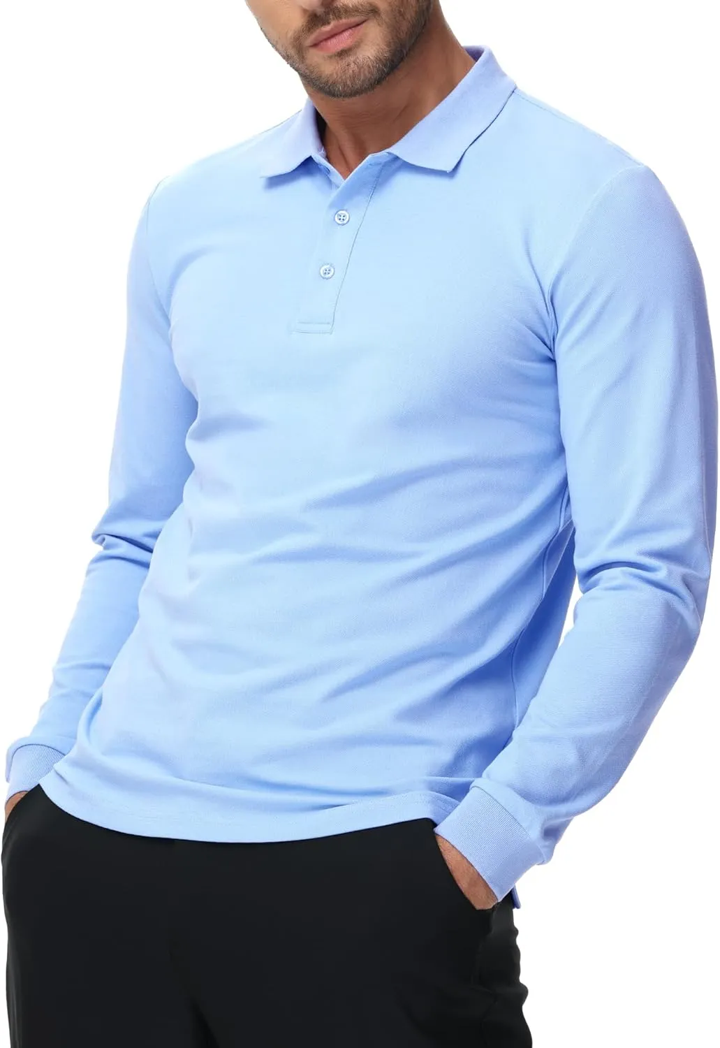 MIER Polo Shirts for Men Cotton Long Sleeve Golf Tennis Collared Shirt for Casual Work Travel, 3 Buttons, Ultra Soft