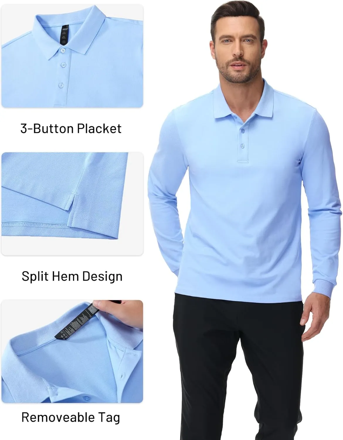 MIER Polo Shirts for Men Cotton Long Sleeve Golf Tennis Collared Shirt for Casual Work Travel, 3 Buttons, Ultra Soft