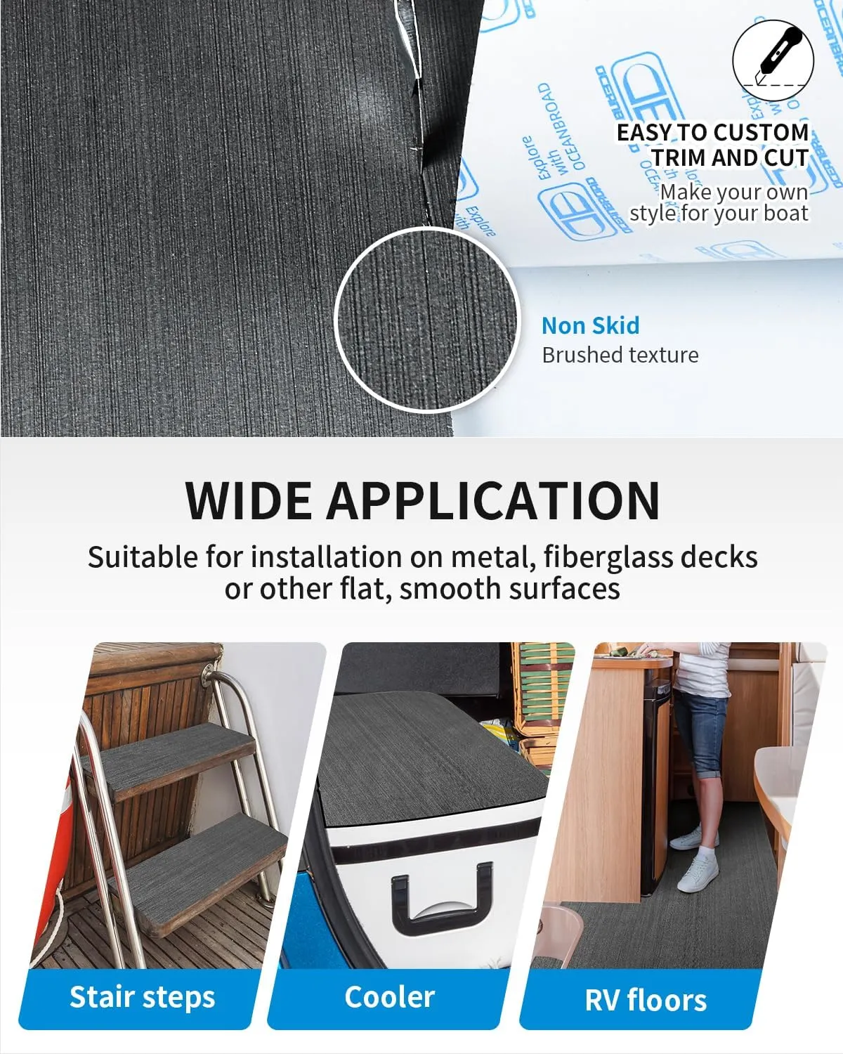 OCEANBROAD Brushed Boat Flooring 96''x16''/47'' Self-Adhesive EVA Foam Sheet Non-Slip Traction Pad for Boats Surfboard SUP Paddle Board Kayak Yacht, Camel Brown/Dark Gray/Gray