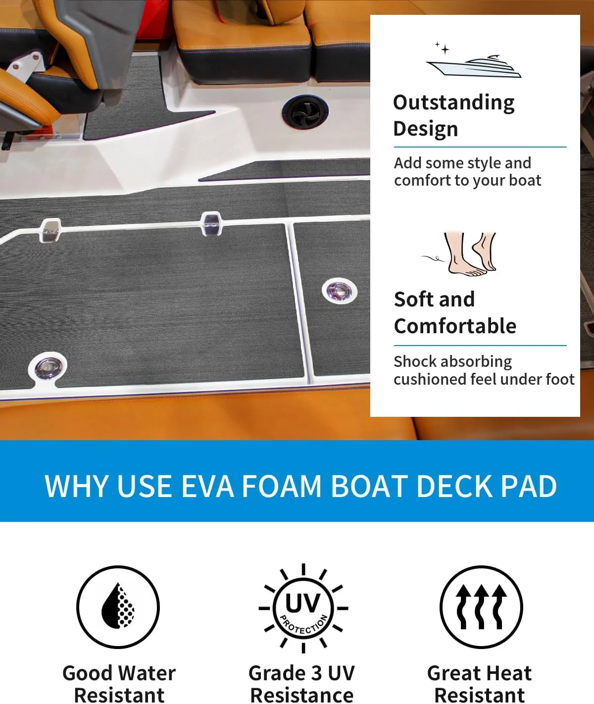OCEANBROAD Brushed Boat Flooring 96''x16''/47'' Self-Adhesive EVA Foam Sheet Non-Slip Traction Pad for Boats Surfboard SUP Paddle Board Kayak Yacht, Camel Brown/Dark Gray/Gray