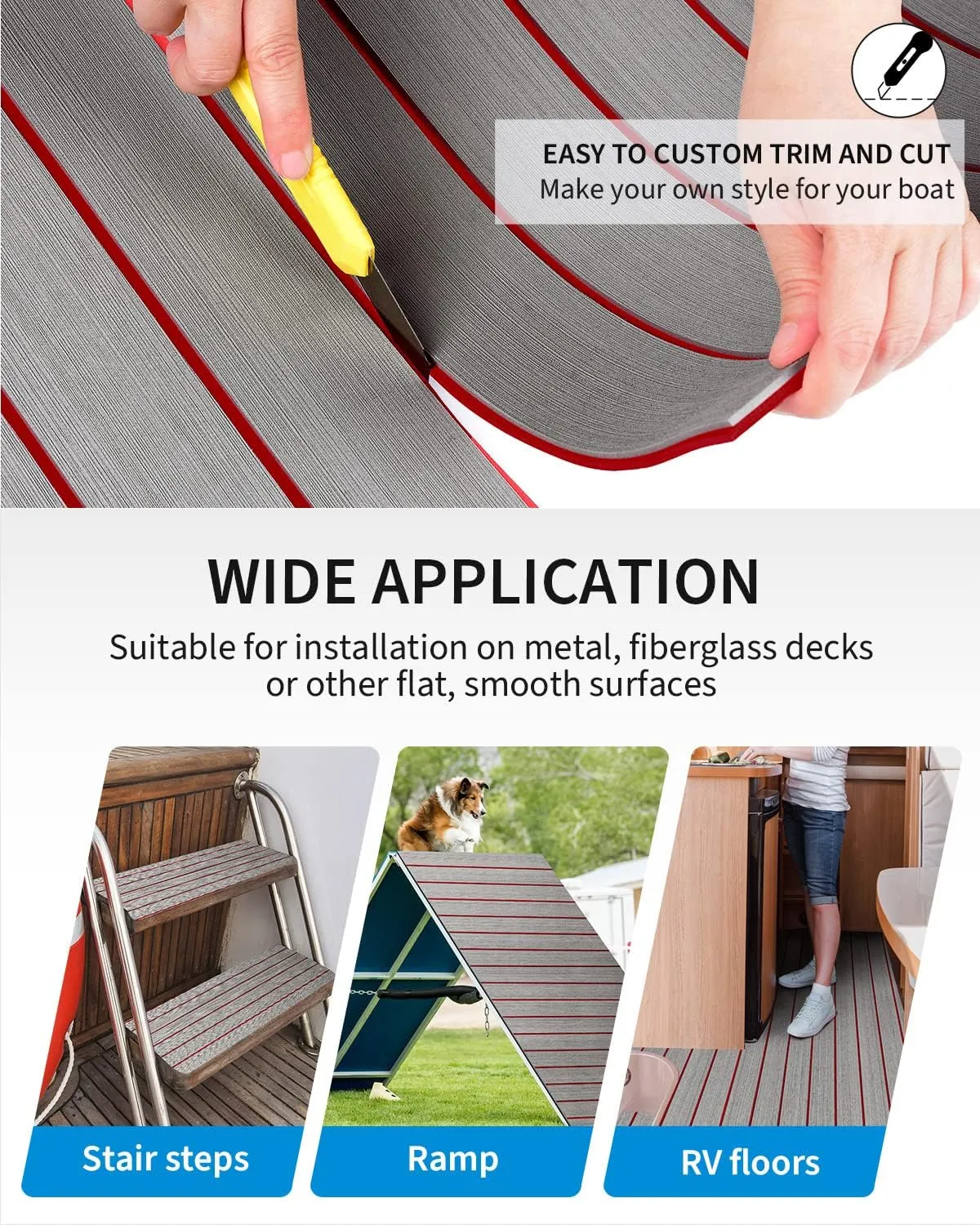 OCEANBROAD EVA Foam Boat Flooring with 3M Adhesive Backing Marine Self-Adhesive Decking 96''x45.6''/36''/28.8''/16.8'', 48''x16.8'' Faux Teak Sheet for Jon Boats Swim Platform Helm Pad RV Floor