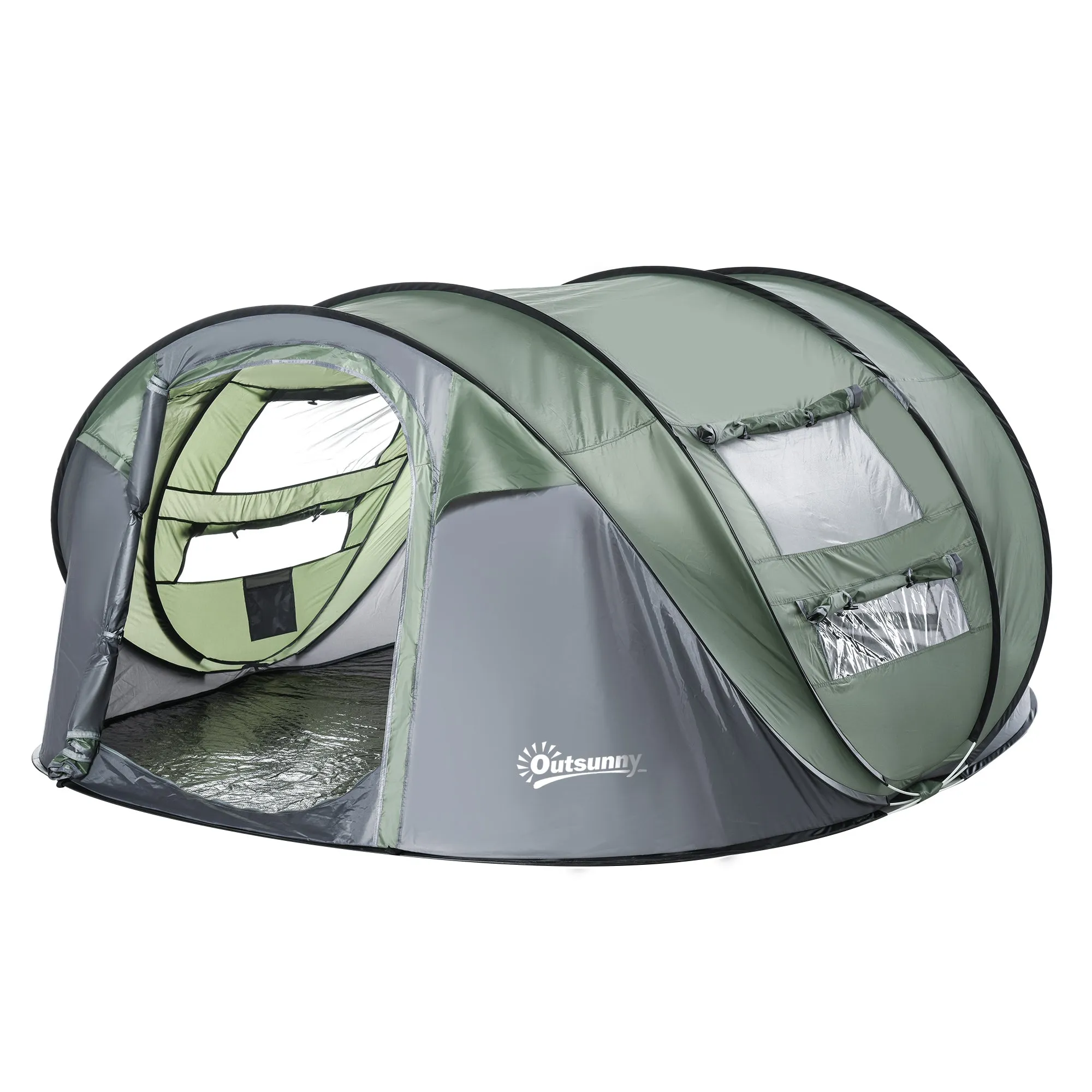Outsunny 4-5 Person Pop-up Camping Tent Waterproof Family Tent w/ 2 Mesh Windows & PVC Windows Portable Carry Bag for Outdoor Trip, Dark Green