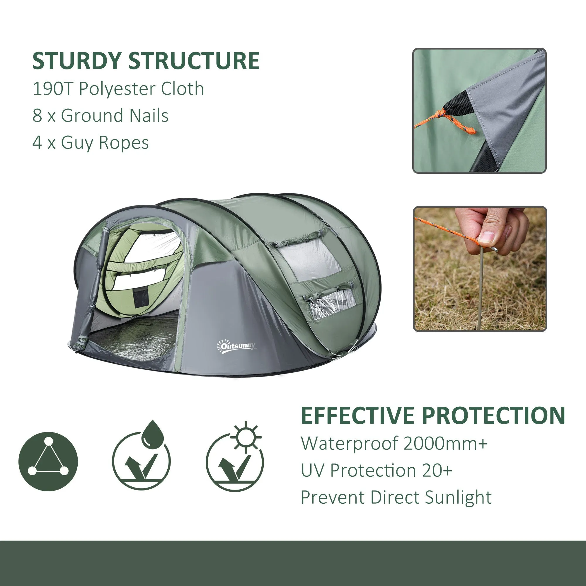 Outsunny 4-5 Person Pop-up Camping Tent Waterproof Family Tent w/ 2 Mesh Windows & PVC Windows Portable Carry Bag for Outdoor Trip, Dark Green