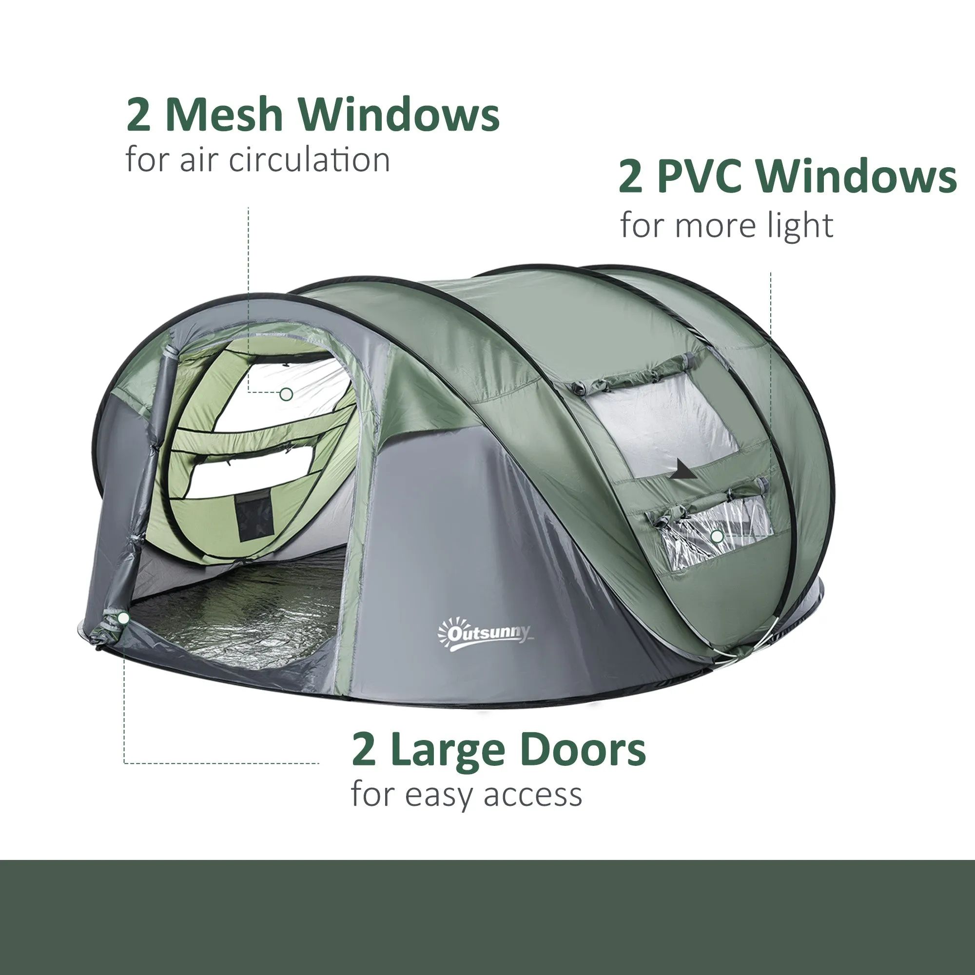 Outsunny 4-5 Person Pop-up Camping Tent Waterproof Family Tent w/ 2 Mesh Windows & PVC Windows Portable Carry Bag for Outdoor Trip, Dark Green
