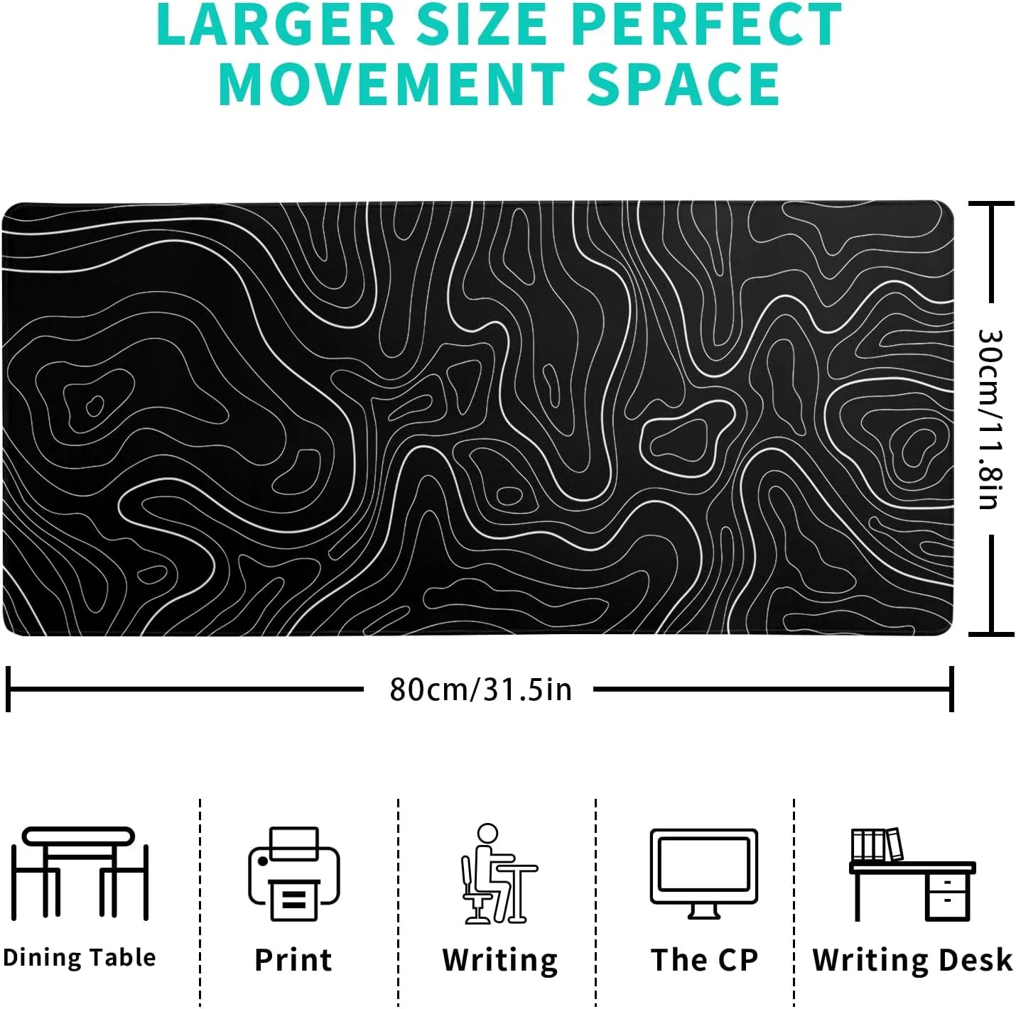 Topographic Contour Black Gaming Mouse Pad XL Geographic Map Lines Extended Big Large Desk Mat Non-Slip Rubber Base Stitched Edge Long Keyboard Mousepad for PC Computer Laptop,31.5x11.8 Inch