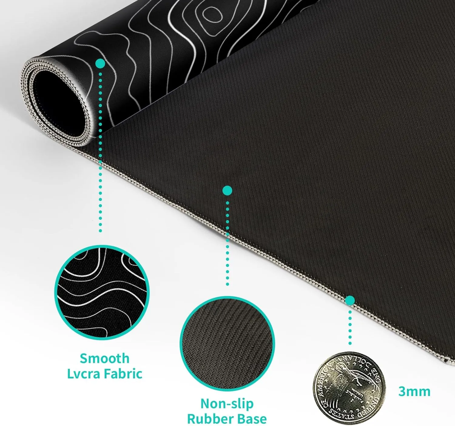 Topographic Contour Black Gaming Mouse Pad XL Geographic Map Lines Extended Big Large Desk Mat Non-Slip Rubber Base Stitched Edge Long Keyboard Mousepad for PC Computer Laptop,31.5x11.8 Inch