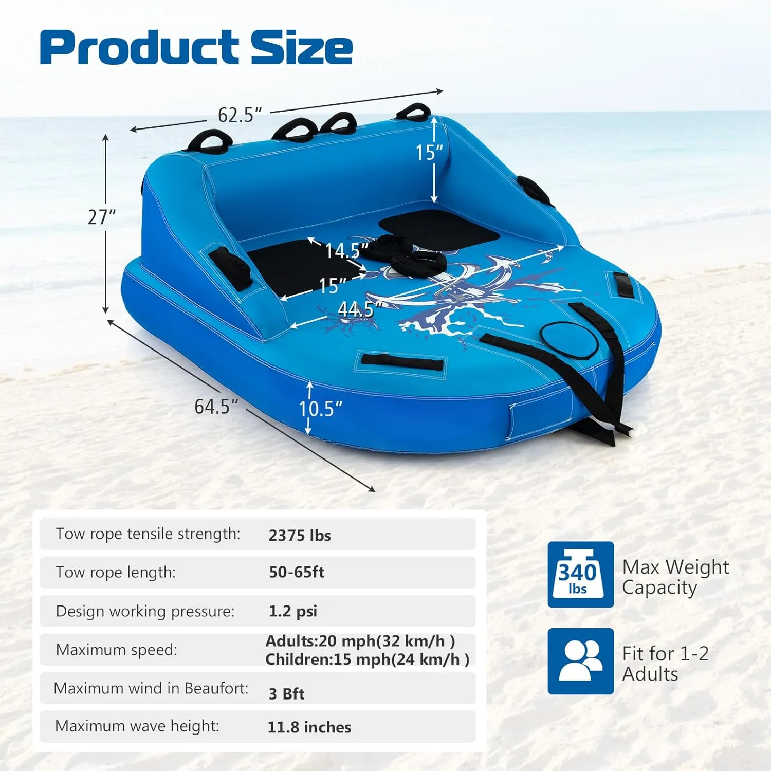Towable Tubes for Boating, Inflatable Water Sports Towables for Boats to Pull 2-3 Riders, Sofa Style Water Tubes with Heavy-Duty Nylon Cover, Front & Back Tow Points
