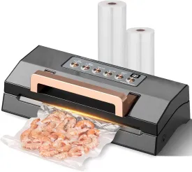 Vacuum Sealer Machine for Dry/Moist Food, Powerful Sealing System with Dual Pump, One-Touch Operation, Built-in Cutter & Bag Storage, Easy-Lock Handle, Compact Design, 2 Bag Rolls (Dark Grey)