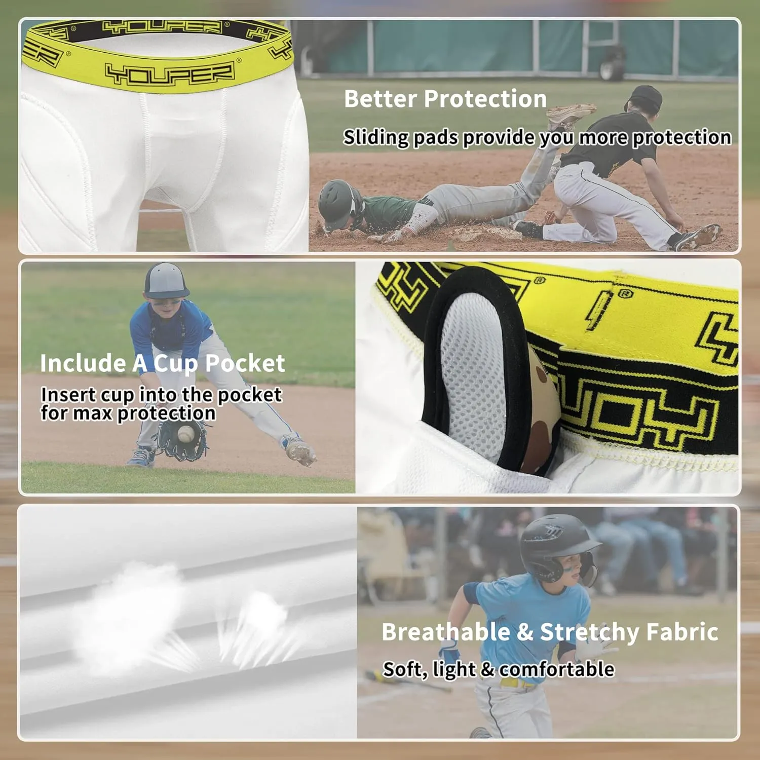Youper Boys Youth Padded Sliding Shorts with Cup Pocket for Baseball, Football, Lacrosse